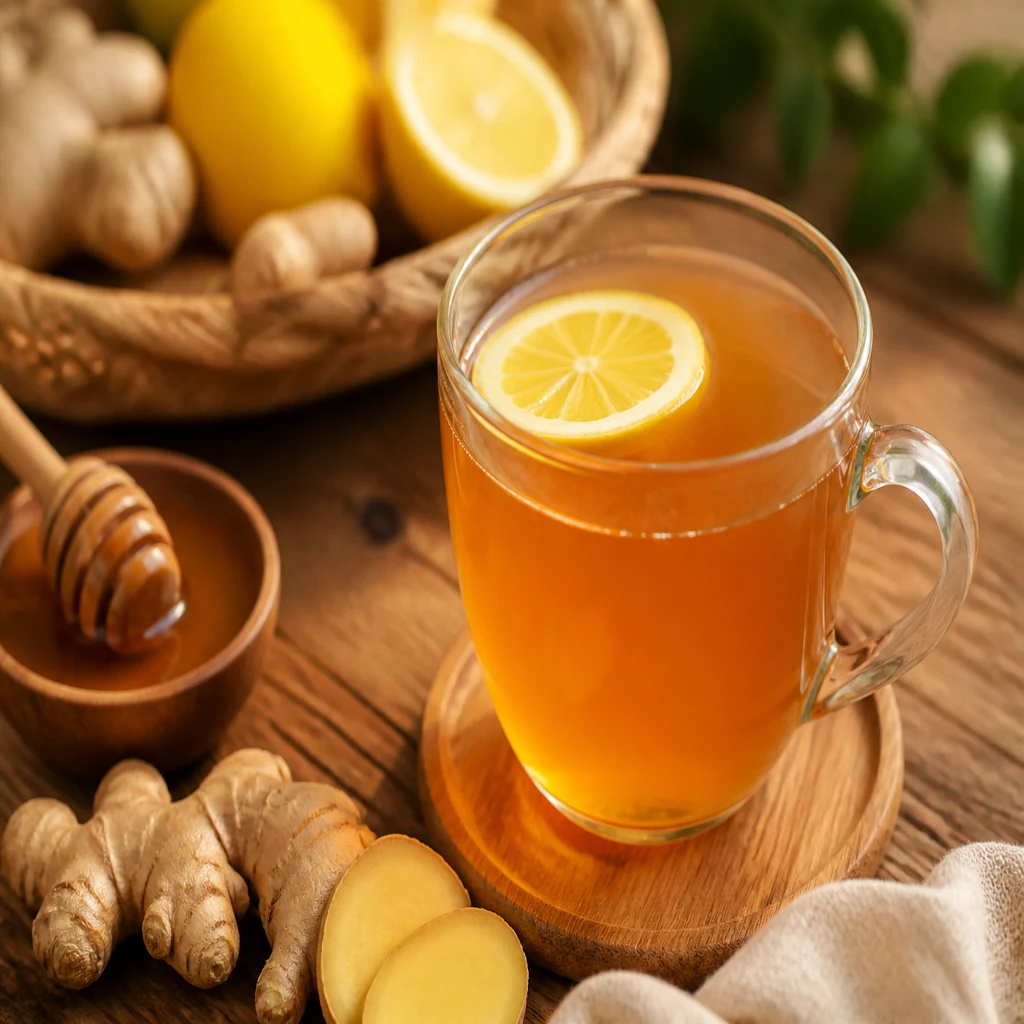 Bal ve limonlu sıcak zencefil çayı fincanı